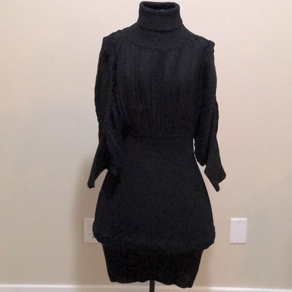 Black turtleneck open back sweater dress